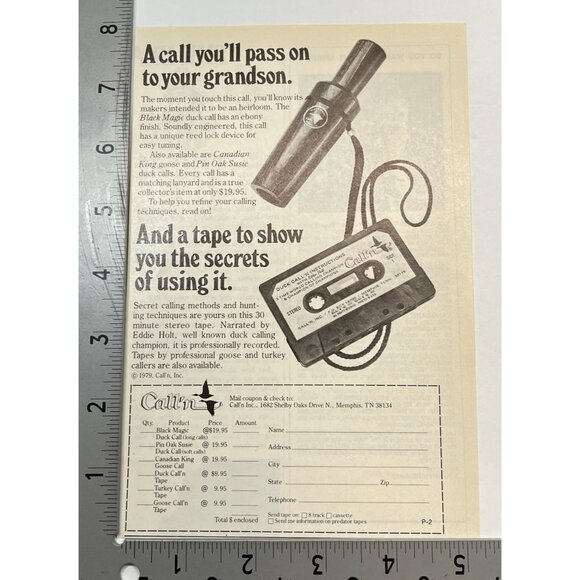 Call'n Duck Calls Print Ad Vintage 1980 Hunting Black Magic Cassette Instruction - Picture 2 of 6